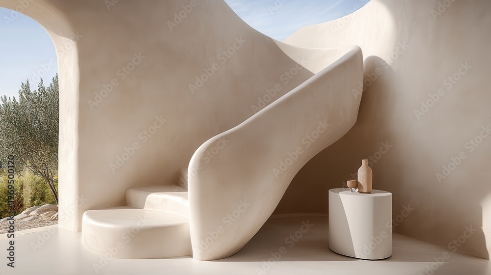 Canvas Prints A minimalist interior features a curved staircase with white textured walls, bathed in natural light. A small table holds a glass and bottle