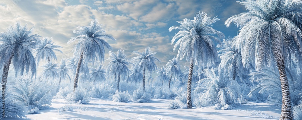 Poster Surreal winter scene with palm trees covered in snow in a frozen desert setting