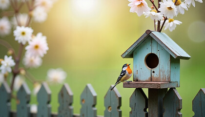 Charming Bird on Teal Birdhouse with White Flowers and Picket Fence Background
