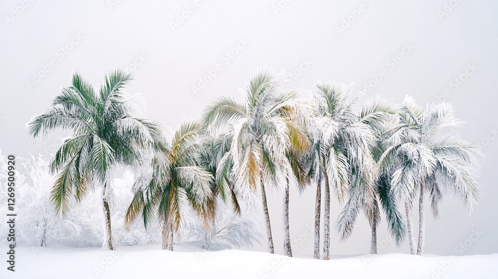 Aufkleber green palm trees covered with snow stand in front of a white sky, contrasting warm and cold weather