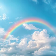 Rainbow arching over fluffy clouds, bright sky.