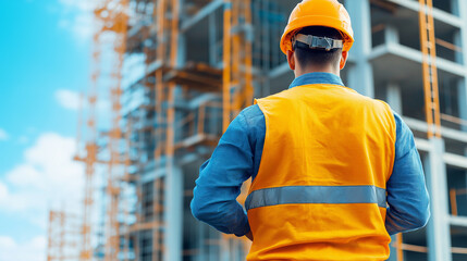 Construction worker overseeing a building project: A construction worker, viewed from behind, stands before a modern building under construction, wearing a safety helmet and vest.