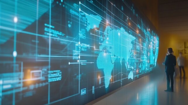 Global technology map analysis corporate office digital content modern workspace perspective data visualization impact