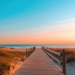 Fototapeta premium Serene beach boardwalk sunset scene.