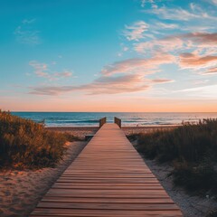 Fototapeta premium Serene beach boardwalk sunset view.