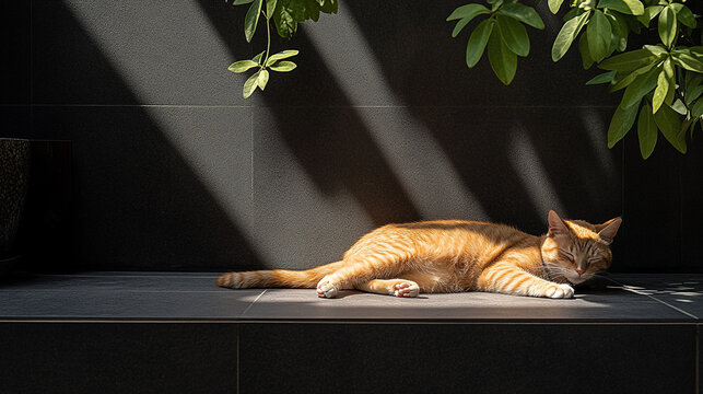 Ginger cat blissfully napping in the sunlight during National Napping Day celebration at home