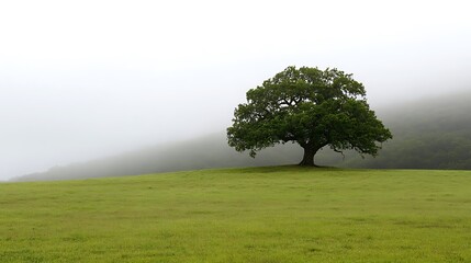 Lone Oak Tree in Foggy Meadow Landscape