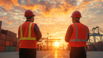 Port Authority Sunset: Two port workers stand with their backs to the camera, gazing towards a stunning sunset over a busy container port.