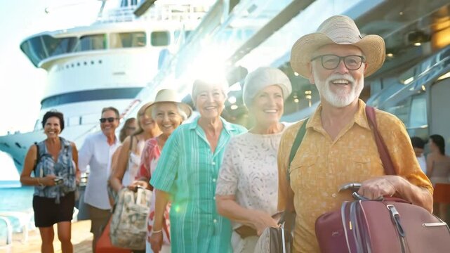 A group of happy senior travelers preparing to embark on a cruise, carrying their luggage and dressed in warm clothing. The scene captures the excitement of adventure, leisure, and enjoying retirement