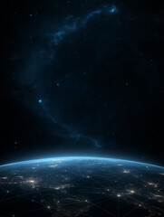 Earth's Night Glow: An awe-inspiring view of Earth's night lights, with a stunningly detailed depiction of a galaxy's nebula against a deep indigo sky.