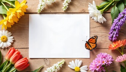 Blank card surrounded by colorful flowers and butterfly, springtime inspiration, copy space