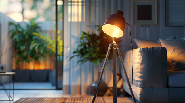 A retro mid-century modern floor lamp with a unique tripod design, placed near a sofa with a softly blurred living room backdrop.