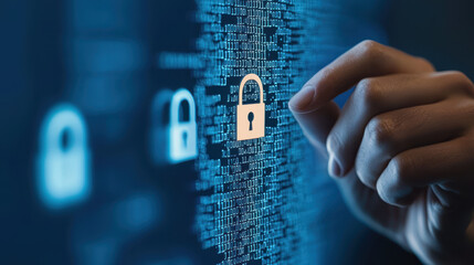 Digital security concept with hand interacting with lock icon