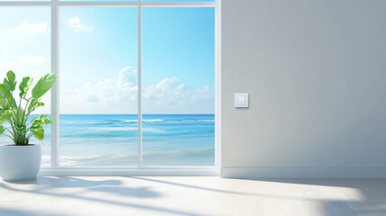 Fototapeta premium Bright and Fresh Interior with Ocean View and Green Plant