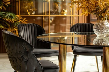 Elegant dining area with glass table, velvet chairs, and golden accents