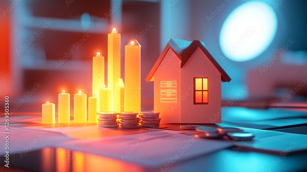 Aufkleber glowing candlestick chart grows behind a house model on a desk with scattered coins at night