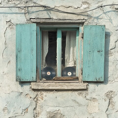 old window with shutters and vinyl records