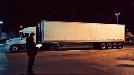 Truck driver consulting documents next to his truck at night