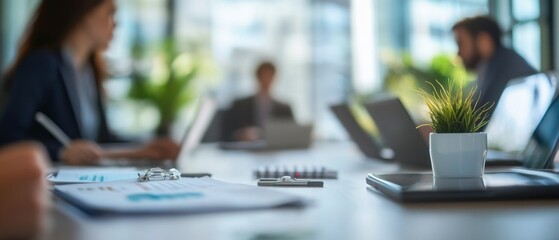 Focused team in a modern office meeting.