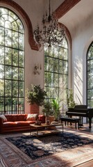 Bright Grand Living Room with Elegant Chandelier and Comfortable Sofa in Contemporary Style