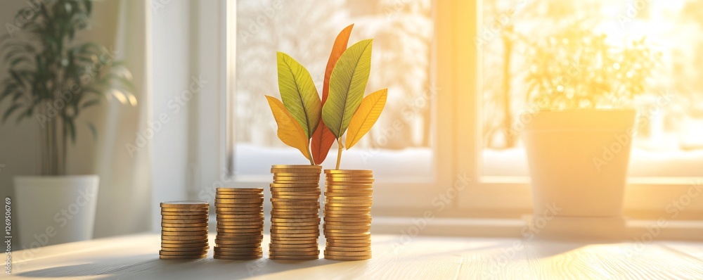Poster autumn leaves sprouting from four stacks of coins on a winter windowsill