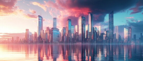 Fototapeta premium Modern skyline with sunset reflection.