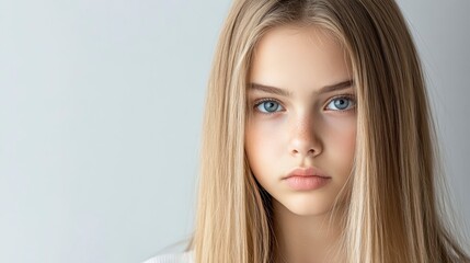Naklejka premium Close up portrait of a young person with long blond hair and blue eyes, fair skin and freckles. Soft natural lighting, neutral background. Serene and