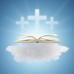Open book on the cloud and shining crosses on a blue background. Holy Bible concept. 3d-rendering