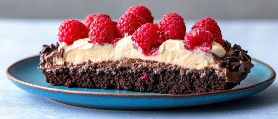 Chocolate cake slice with fresh raspberries on top served on a white plate with a fork