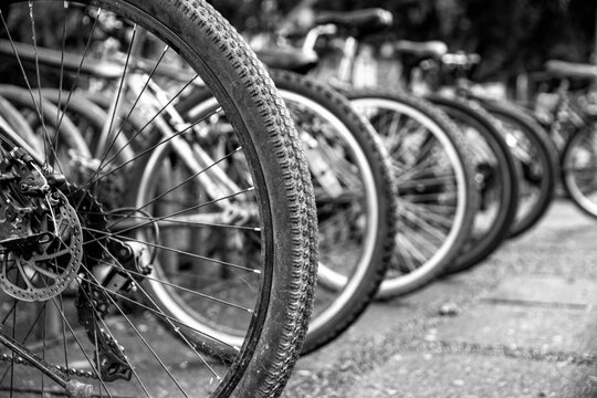Close-up of a mountain bike with the rim covered in mud, highlighting the details of the spokes and the disc brake. Black and white. In the background, several bicycles lined up in a parking lot. - Powered by Adobe