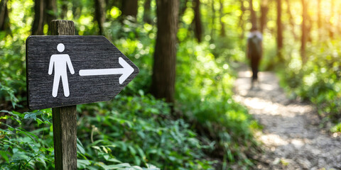 Sign pointer arrow with symbol of restroom in nature in the park. Sign in the way to the WC room.