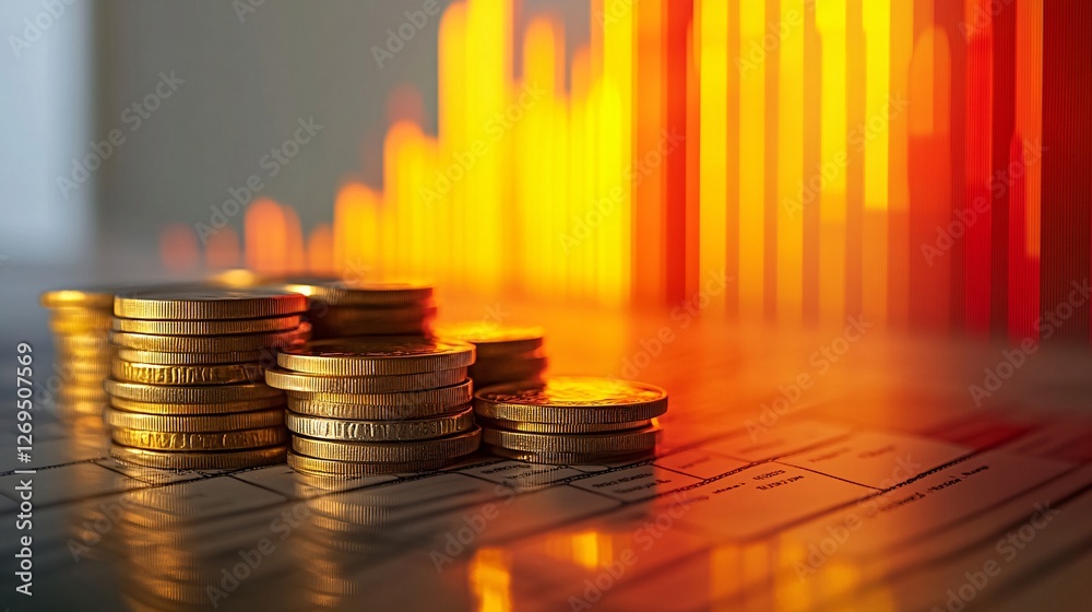 Aufkleber golden coins stacked on a balance sheet with a red stock market chart in the background, illustratin