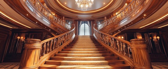 Elegant grand staircase in a luxury home with intricate wooden detailing and chandelier lighting