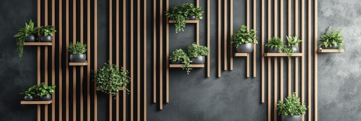 Wooden slat wall with potted plants arranged aesthetically