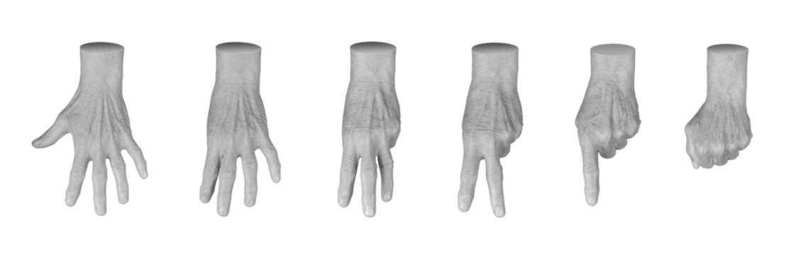 Set of elderly female hands displaying various counting gestures, including one to five, zero, and a fist. Wrinkled fingers emphasizing age, arithmetic, and communication. Isolated on white background