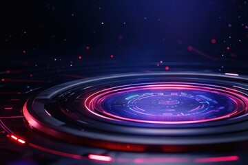 A futuristic, circular design with vibrant purple and red hues, featuring glowing elements against a dark background, conveying a high-tech ambiance.