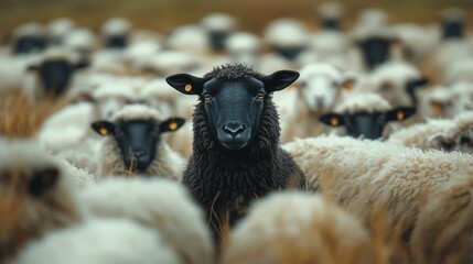 A striking black sheep standing out in a flock of white sheep, symbolizing uniqueness, individuality, and bold confidence.