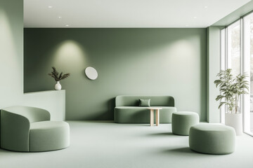 Modern minimalist lounge area contemporary interior design seating arrangement soft green palette bright natural light