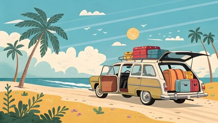 Fototapeta premium Beach Vacation Road Trip – Loaded Car Trunk with Suitcases in a Tropical Seaside Scene