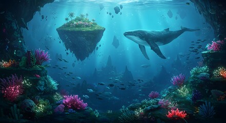 Whale Swimming in a Fantasy Underwater Landscape with Floating Island