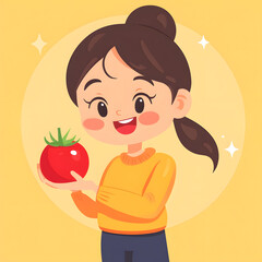 girl with tomato in hand and expressing happy AI generative