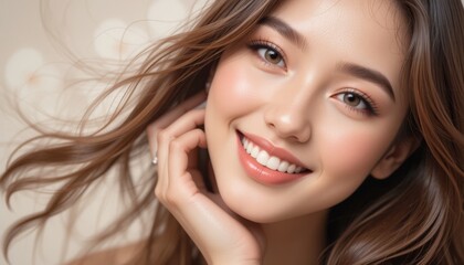Fototapeta premium Beautiful Woman Smiling with Healthy White Teeth and Long Brown Hair