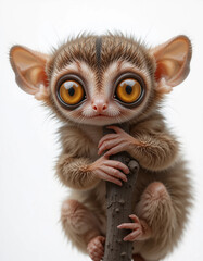 Fototapeta premium Baby Tarsier Clinging to an Invisible Perch with Wide Eyes 