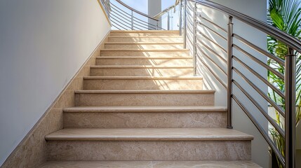 Elegant staircase with beige marble steps and modern metal railing