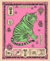 Green Striped Tiger Seated with Asian Script and Border Elements in Pink Tones Artistic Style