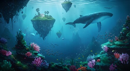 Obraz premium Whale Swimming in a Fantasy Underwater World with Floating Islands
