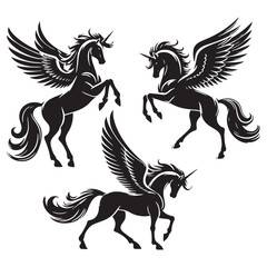 Fototapeta premium Enigmatic Pegasus silhouette, a horse of celestial origins - Pegasus illustration - Minimalist Pegasus vector - Mythical creature silhouette 