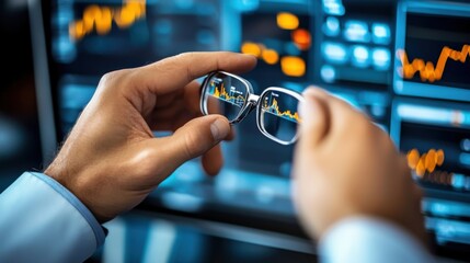 Analyzing market trends through glasses office data visualization digital environment close-up view financial insight