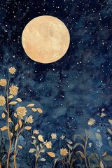 Ethereal Lunar Illumination Golden Flowers Amidst Starry Night Serenity Elegant Botanical Design