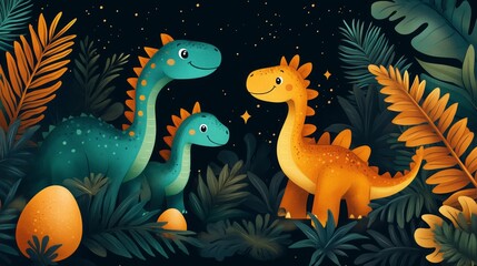 Fototapeta premium A cute cartoon dinosaur family with baby dinosaurs and eggs in a lush jungle, glowing under a magical night sky.